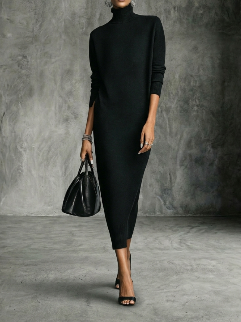 Genoveva™ Vestido Midi de Punto con Cuello Alto y Manga Larga