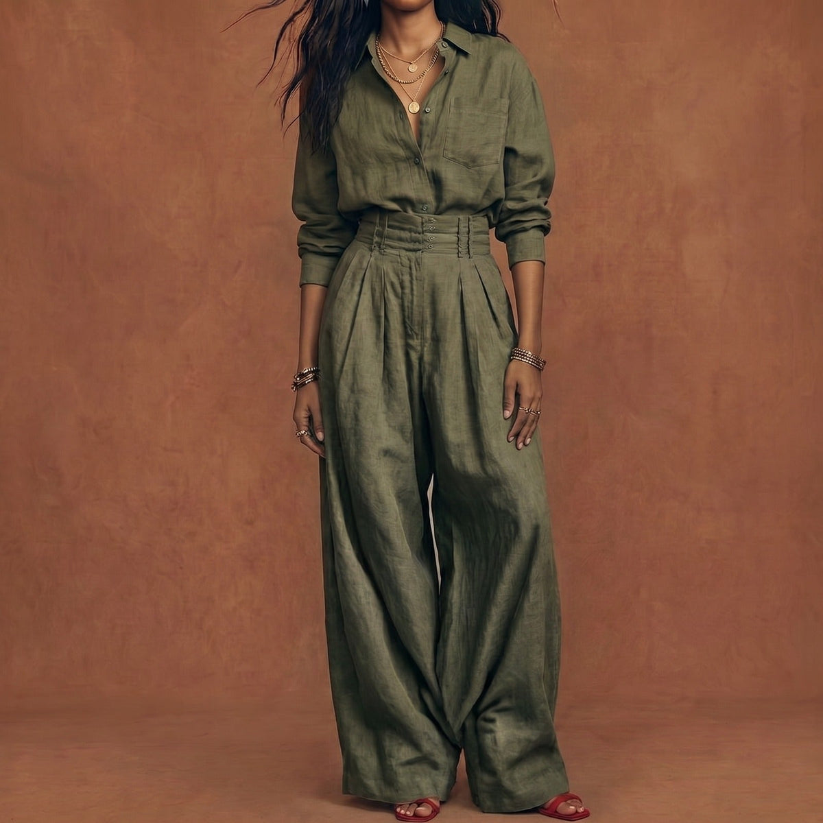 Conjunto Palmira para Mujer en Algodón y Lino, Camisa y Pantalón Ancho