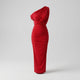 Ixchel™ Vestido Midi Rojo con Escote Drapeado y Hombros Descubiertos