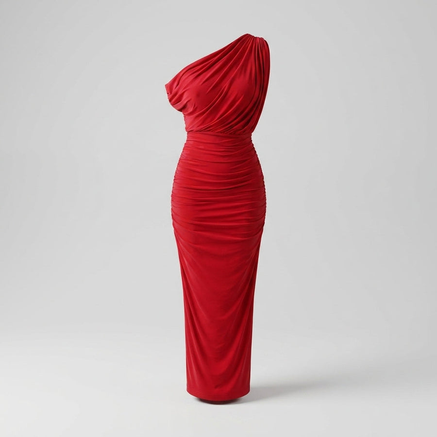 Ixchel™ Vestido Midi Rojo con Escote Drapeado y Hombros Descubiertos