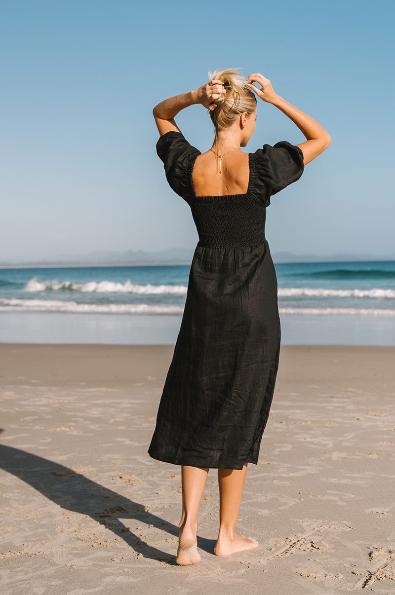 Zirahuén™ Vestido Midi de Lino con Textura de Panal y Mangas Abullonadas