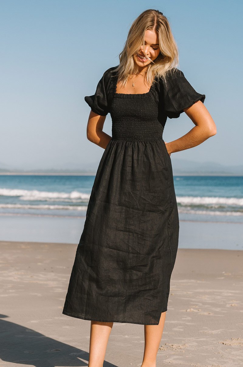 Zirahuén™ Vestido Midi de Lino con Textura de Panal y Mangas Abullonadas