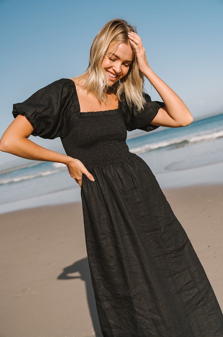 Zirahuén™ Vestido Midi de Lino con Textura de Panal y Mangas Abullonadas