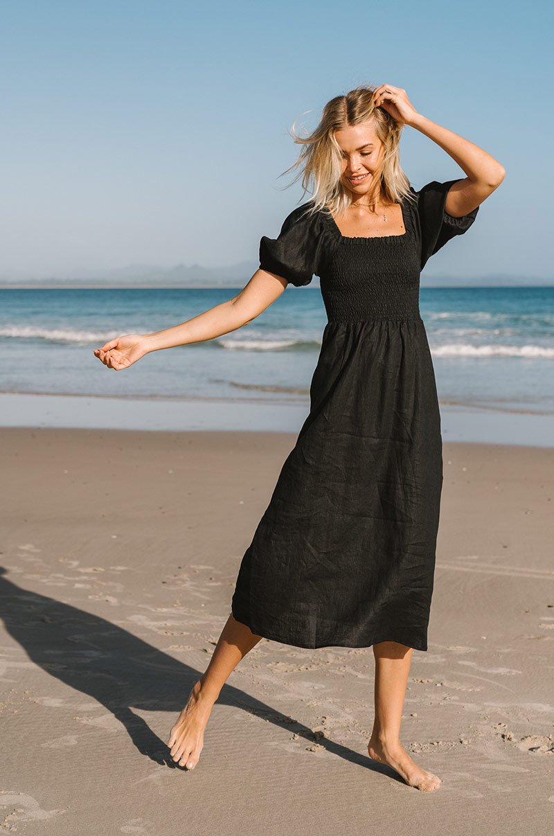 Zirahuén™ Vestido Midi de Lino con Textura de Panal y Mangas Abullonadas