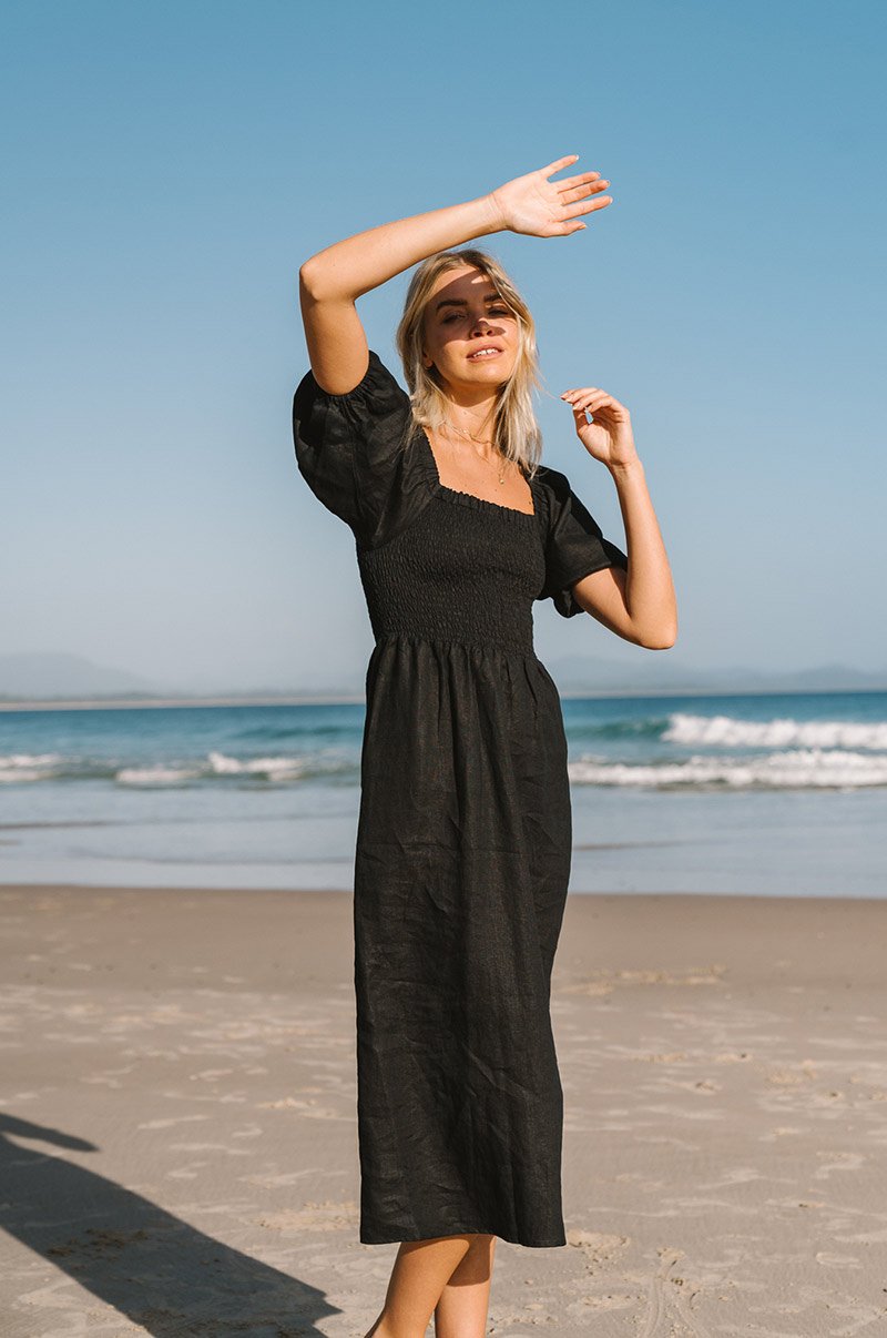 Zirahuén™ Vestido Midi de Lino con Textura de Panal y Mangas Abullonadas