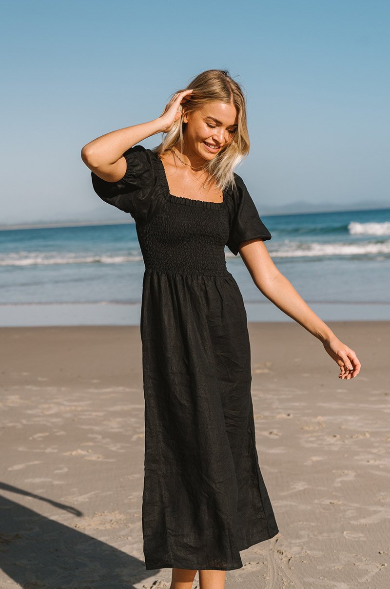 Zirahuén™ Vestido Midi de Lino con Textura de Panal y Mangas Abullonadas