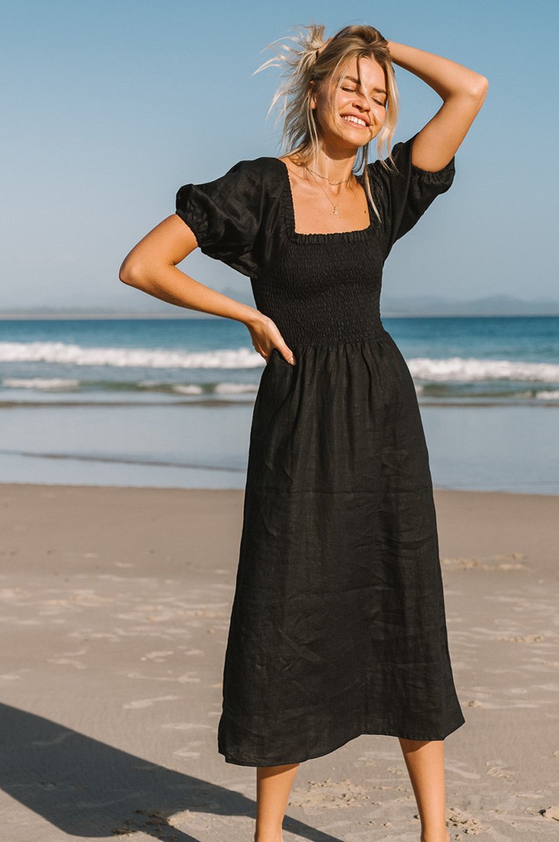 Zirahuén™ Vestido Midi de Lino con Textura de Panal y Mangas Abullonadas