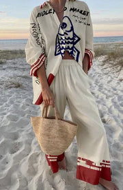 Estela™ Conjunto Casual Estampado para Mujer con Camisa y Pantalón Ancho