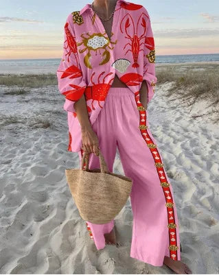 Estela™ Conjunto Casual Estampado para Mujer con Camisa y Pantalón Ancho