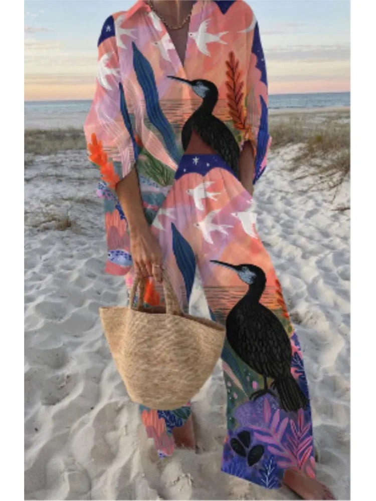 Estela™ Conjunto Casual Estampado para Mujer con Camisa y Pantalón Ancho