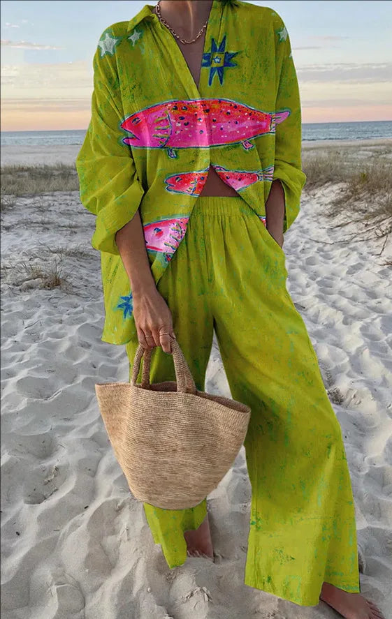 Estela™ Conjunto Casual Estampado para Mujer con Camisa y Pantalón Ancho