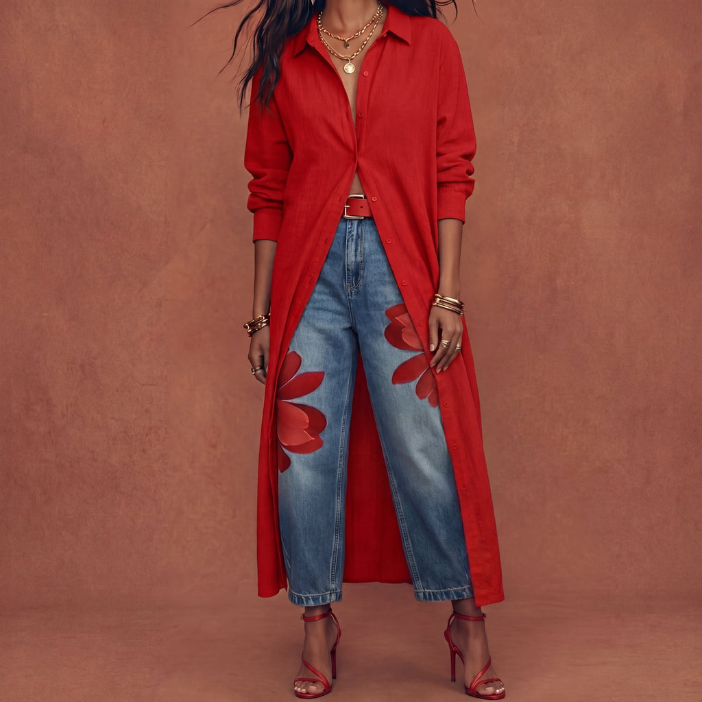 Vianca™ Conjunto de Vestido Camisero Rojo y Jeans Anchos Florales