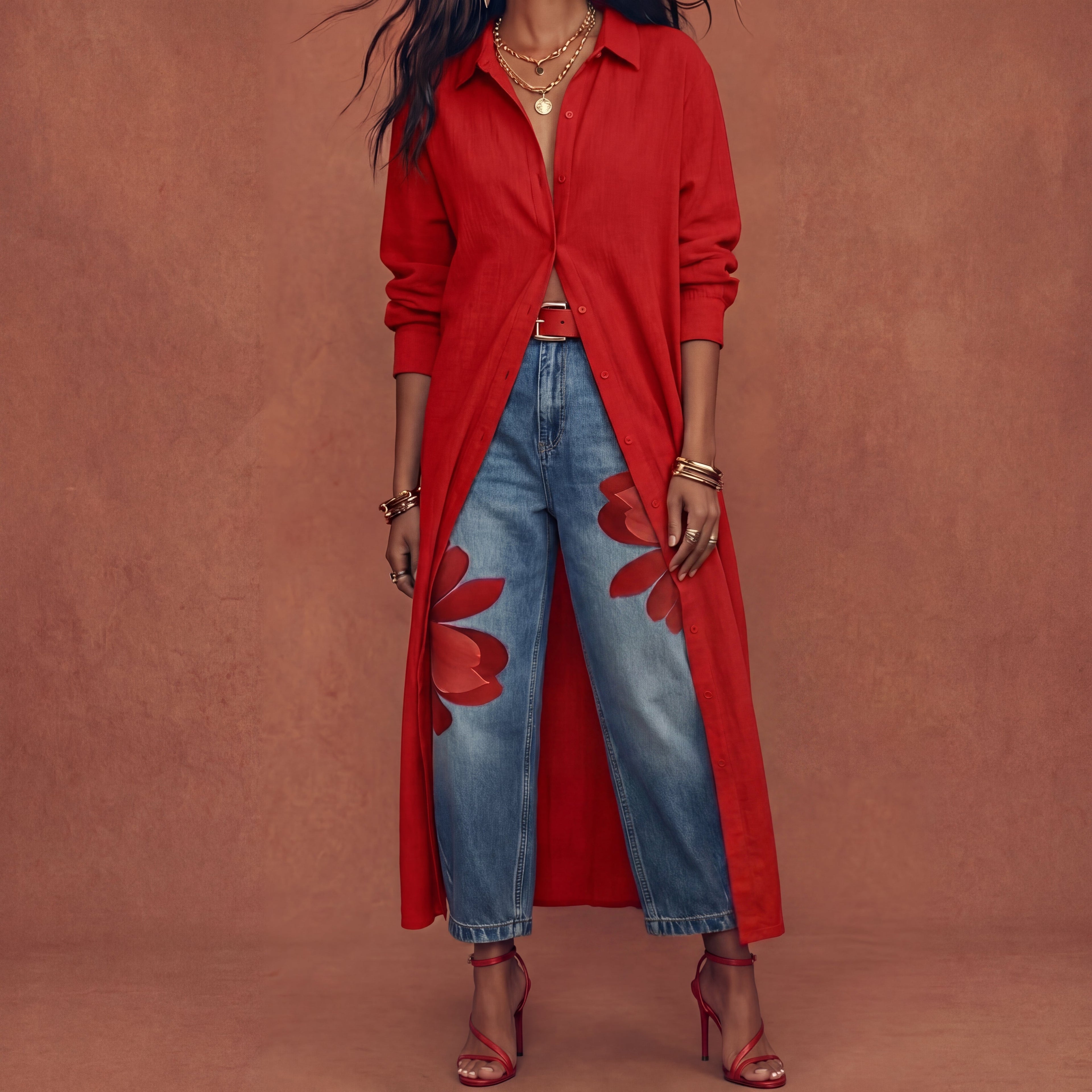 Vianca™ Conjunto de Vestido Camisero Rojo y Jeans Anchos Florales