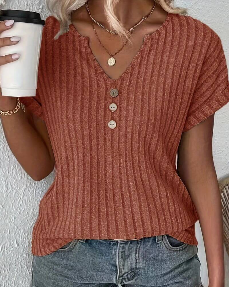 Irapuato™ Blusa de Punto con Escote en V de Ajuste Cómodo