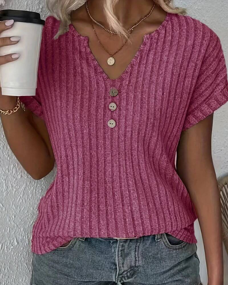 Irapuato™ Blusa de Punto con Escote en V de Ajuste Cómodo