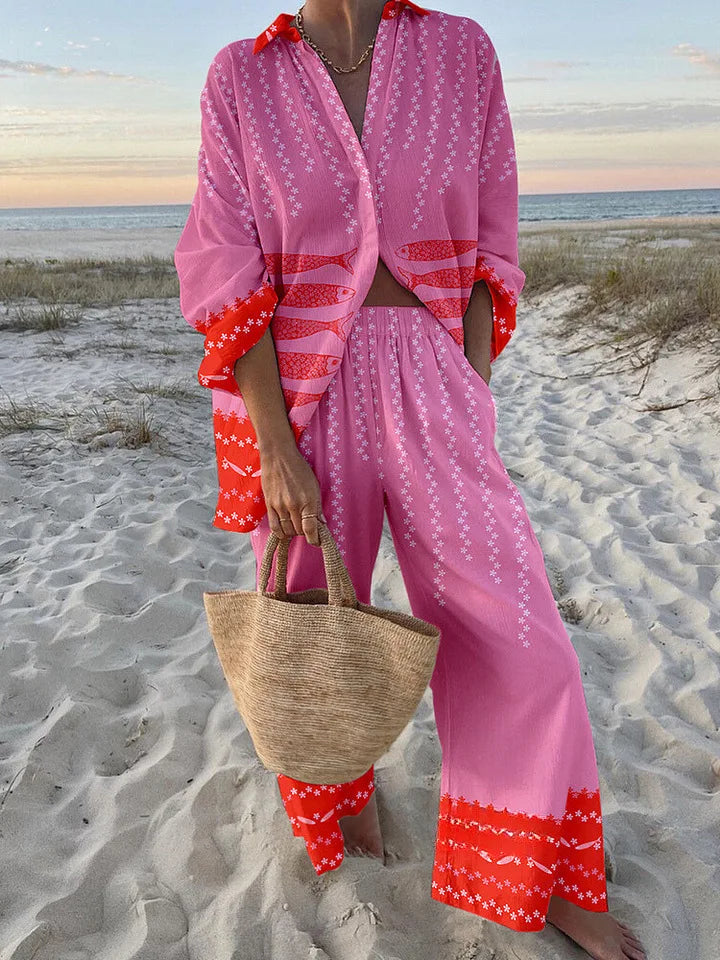 Estela™ Conjunto Casual Estampado para Mujer con Camisa y Pantalón Ancho