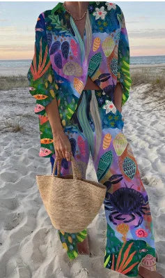Estela™ Conjunto Casual Estampado para Mujer con Camisa y Pantalón Ancho