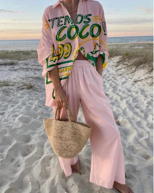 Estela™ Conjunto Casual Estampado para Mujer con Camisa y Pantalón Ancho