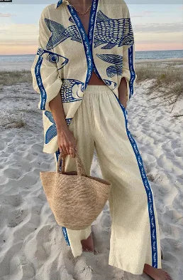 Estela™ Conjunto Casual Estampado para Mujer con Camisa y Pantalón Ancho