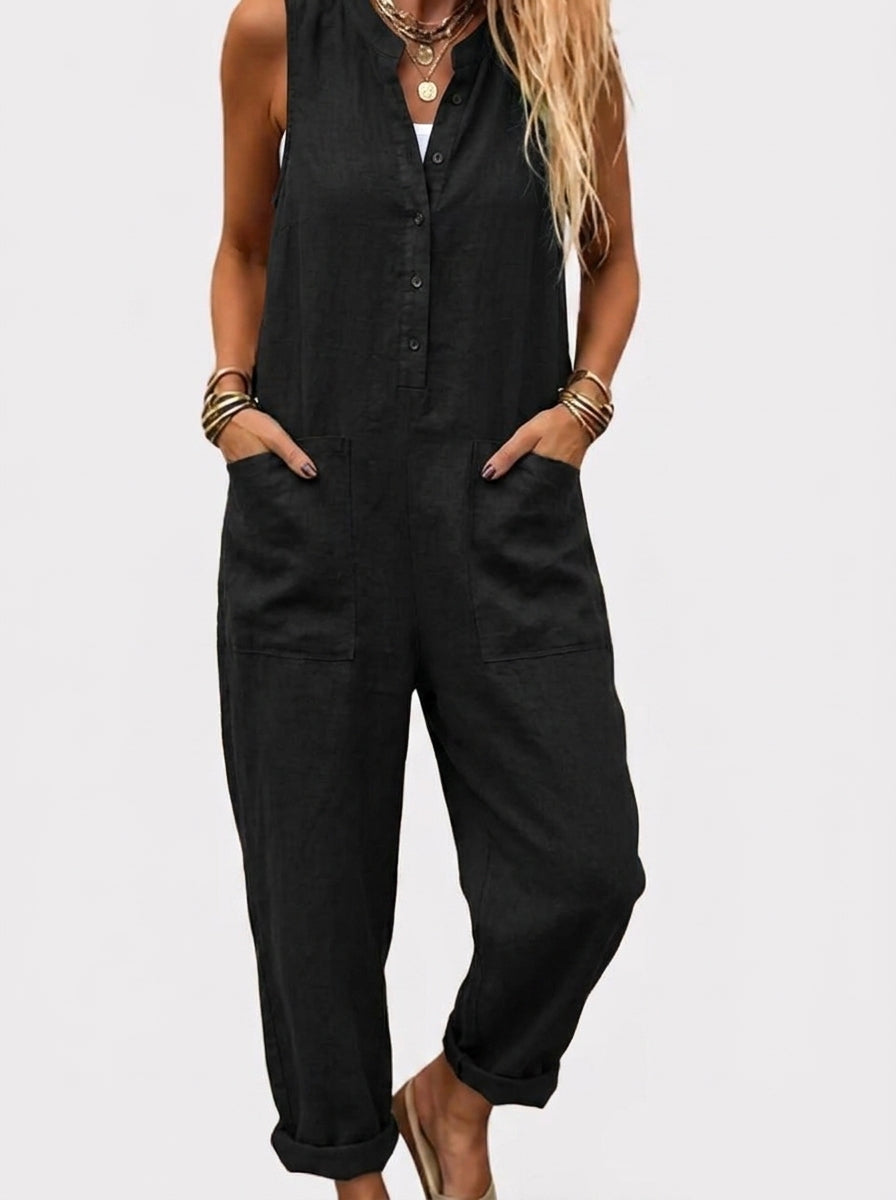 Noelia | Jumpsuit de Lino sin Mangas con Botones al Frente