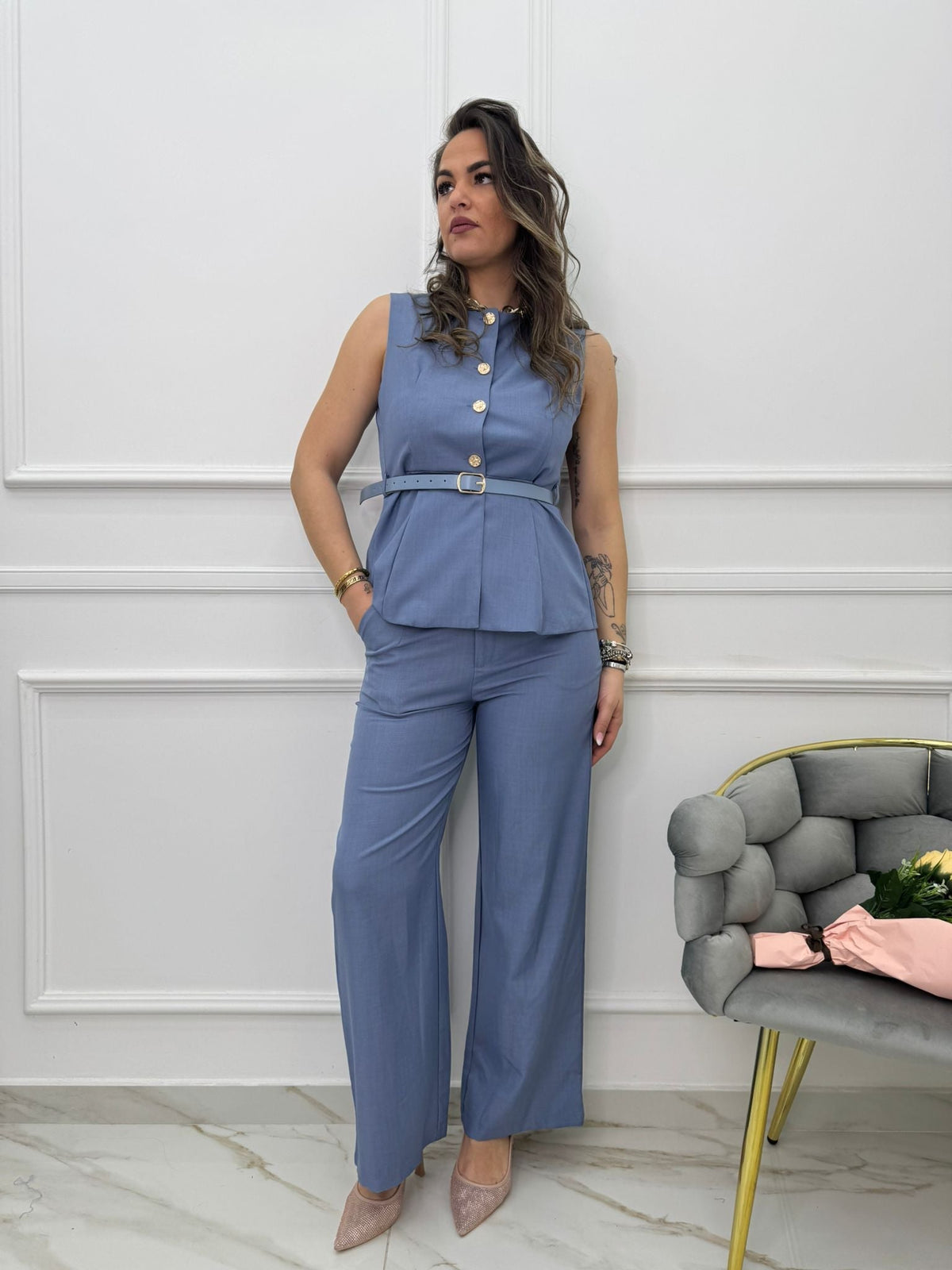 Comala™ Conjunto de Pantalón y Chaleco con Cinturón en la Cintura