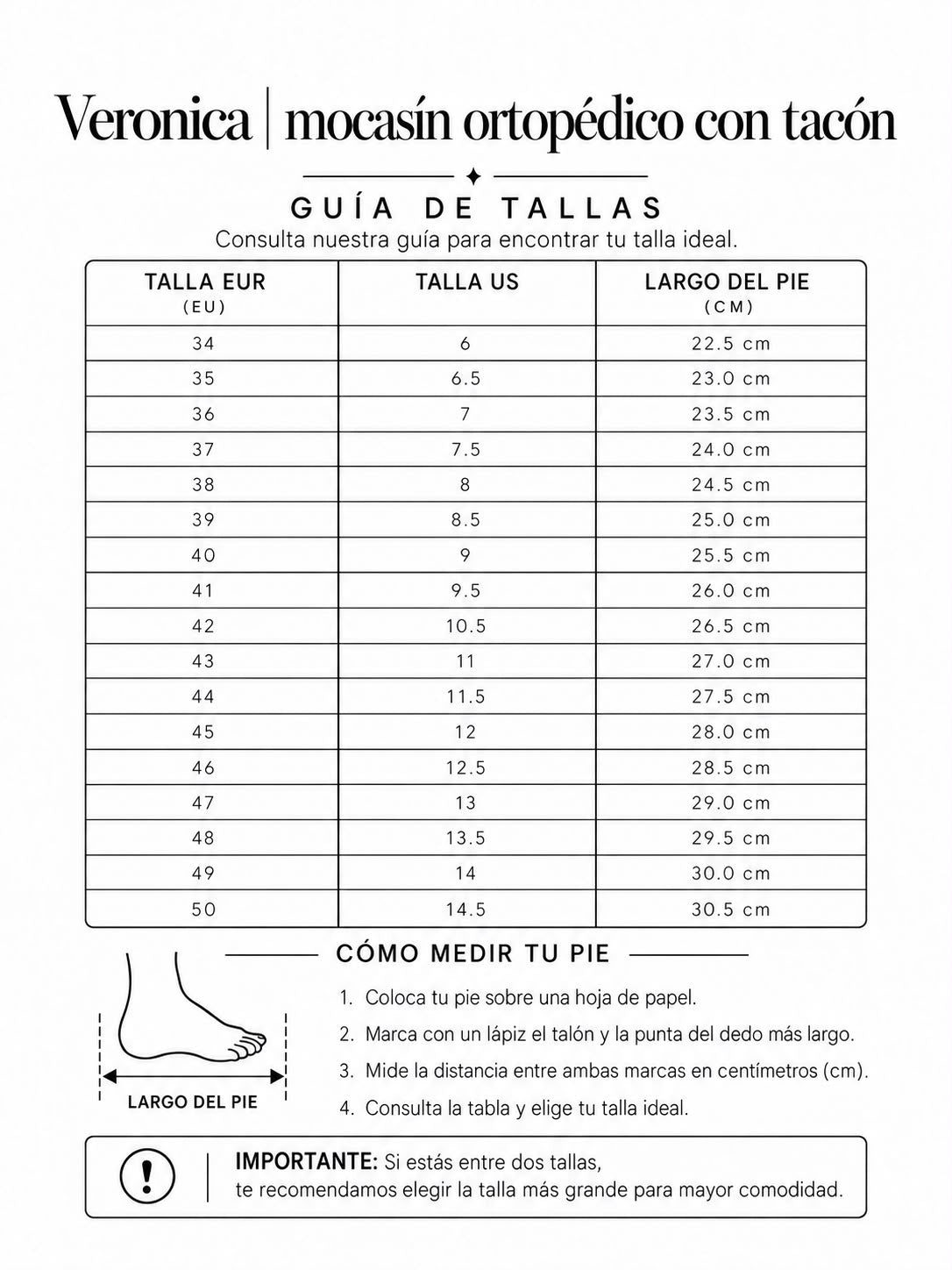 Veronica - Mocasín ortopédico con tacón size chart