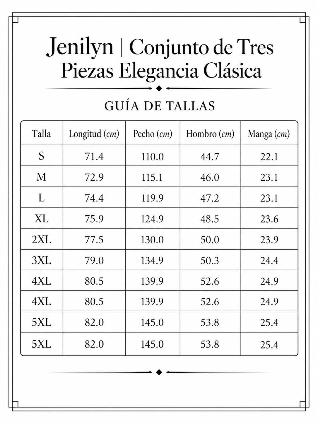 Conjunto de Tres Piezas · Blanco y Negro size chart