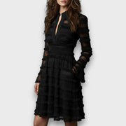Zacapoaxtla™ Vestido Midi Negro con Flecos y Capas Semitransparentes