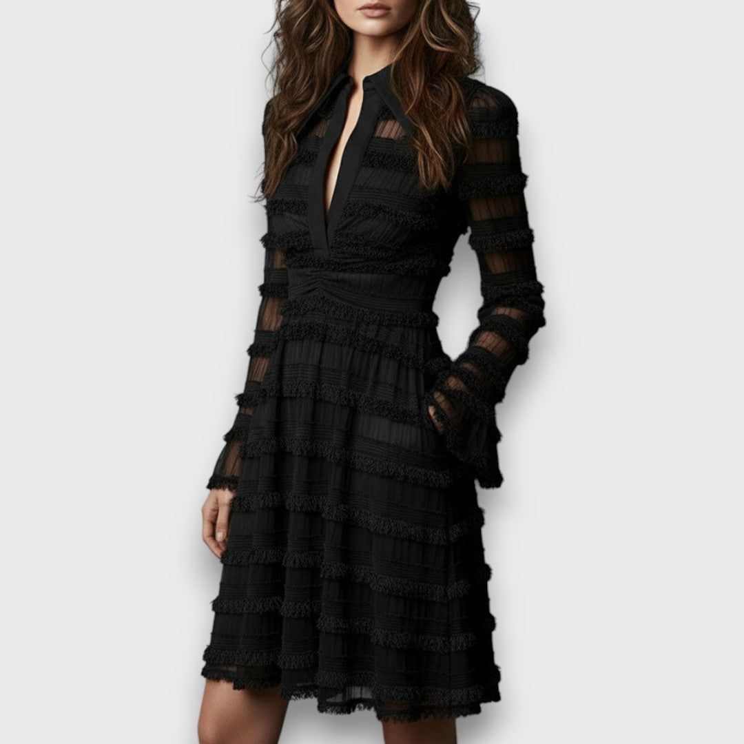 Zacapoaxtla™ Vestido Midi Negro con Flecos y Capas Semitransparentes