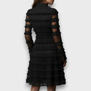 Zacapoaxtla™ Vestido Midi Negro con Flecos y Capas Semitransparentes