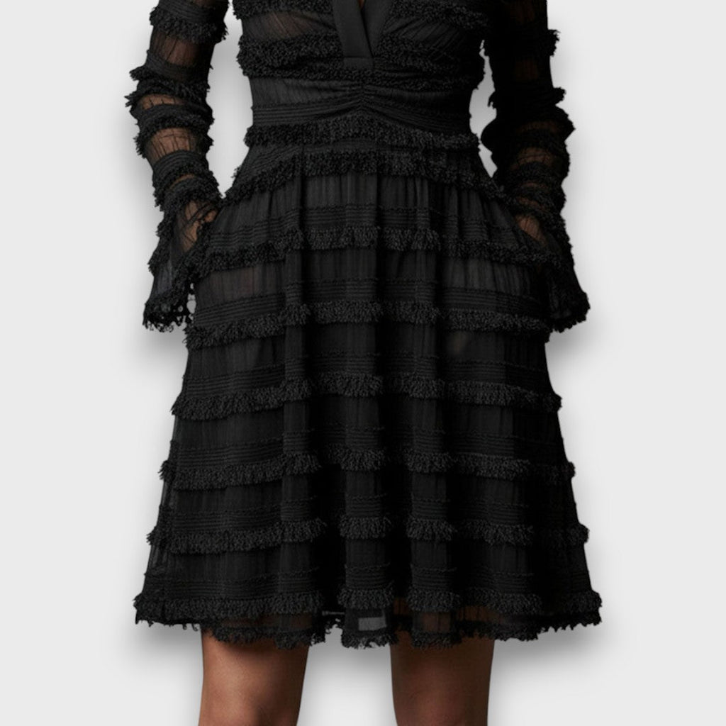 Zacapoaxtla™ Vestido Midi Negro con Flecos y Capas Semitransparentes