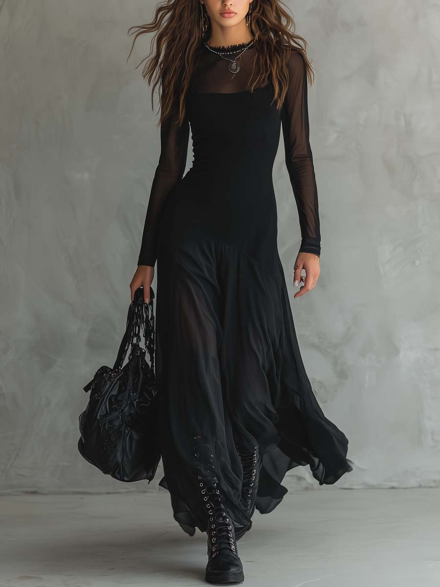 Filomena™ Vestido Maxi Vintage de Tul Negro con Mangas Semitransparentes