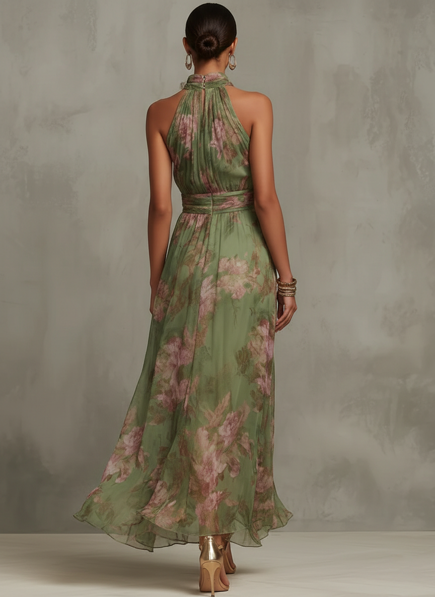 Hortelana | Vestido Largo Floral con Cuello Halter