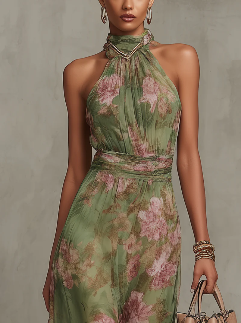 Hortelana | Vestido Largo Floral con Cuello Halter