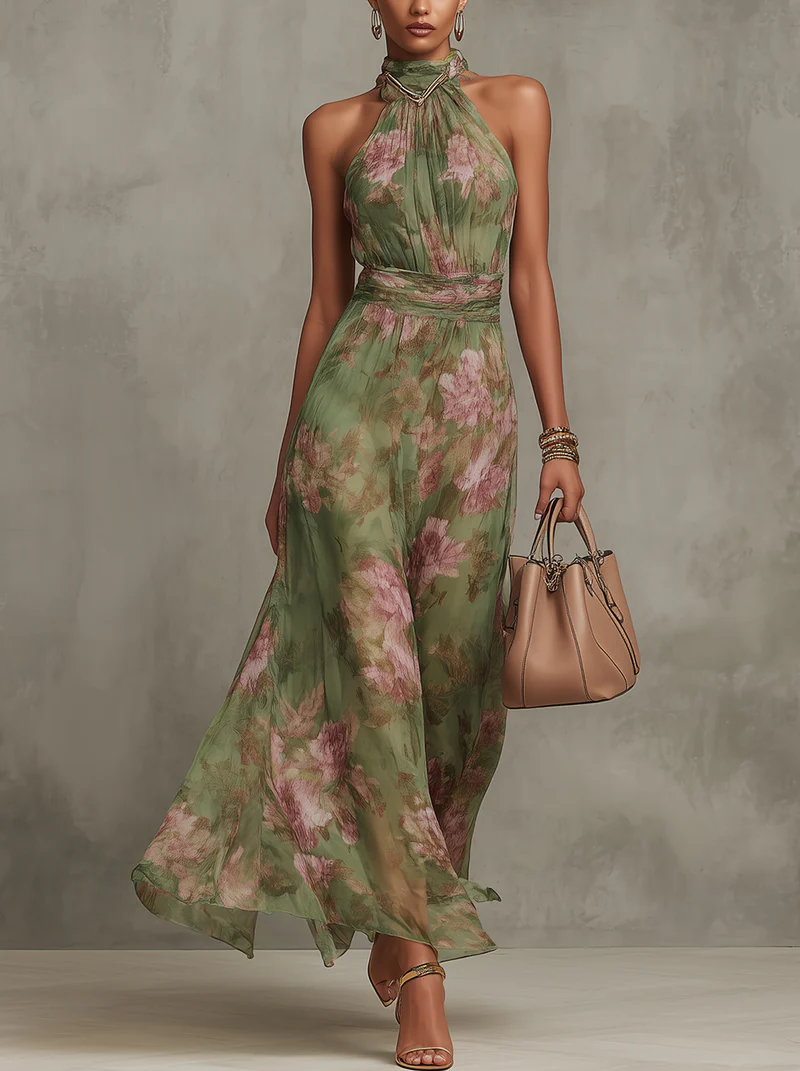 Hortelana | Vestido Largo Floral con Cuello Halter