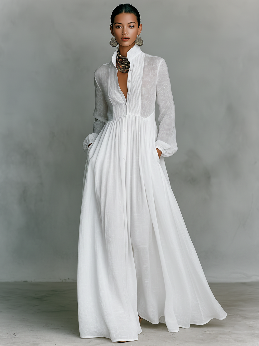 Purépecha™ Vestido Maxi en Algodón y Lino con Cuello Alto