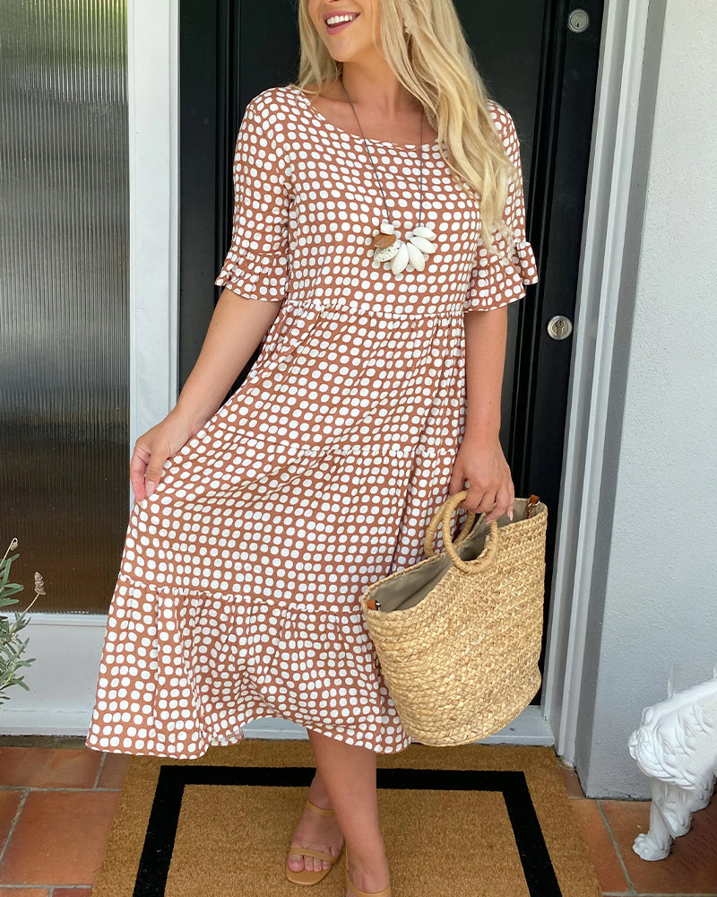 Leticia™ Vestido Midi de Lunares con Cuello Redondo Fluido