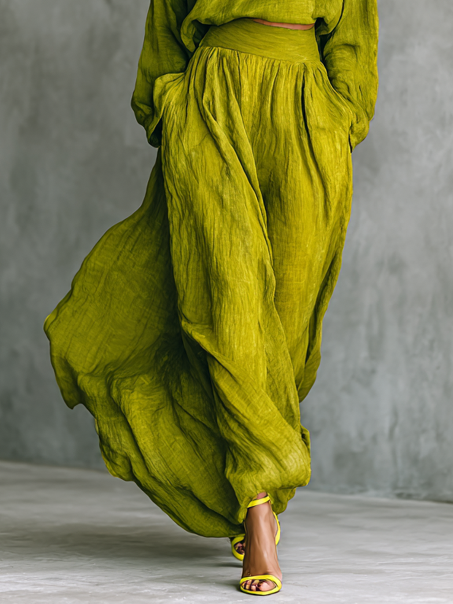Mitla™ Conjunto Verde para Mujer en Algodón y Lino con Pantalón Ancho