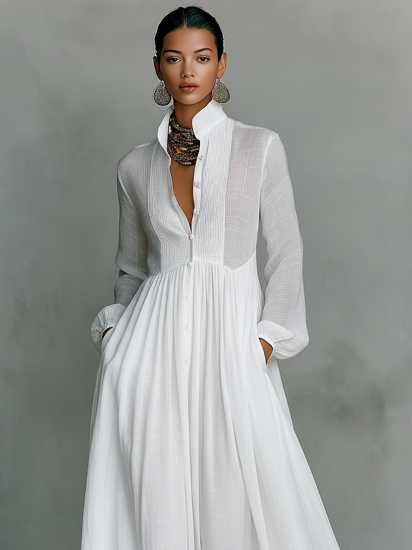 Purépecha™ Vestido Maxi en Algodón y Lino con Cuello Alto