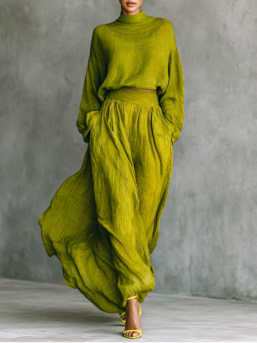 Mitla™ Conjunto Verde para Mujer en Algodón y Lino con Pantalón Ancho