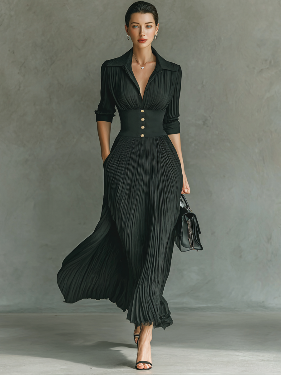 Salomé™ Vestido Maxi Elegante con Cuello Solapa y Falda Plisada