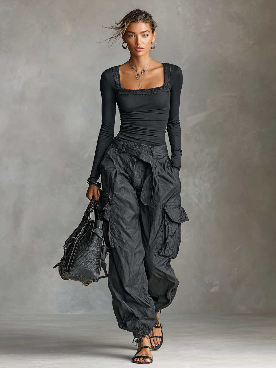 Bernal™ Conjunto para Mujer con Top de Cuello Cuadrado y Pantalón Cargo Urbano