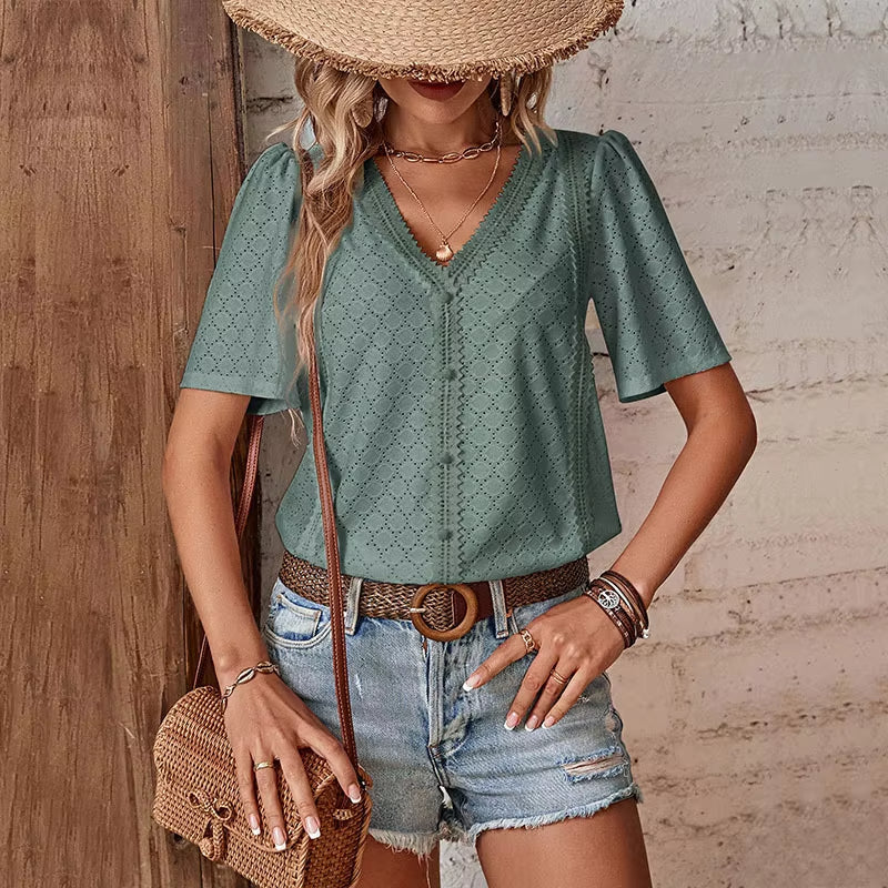 Anel™ Blusa de Manga Corta para Mujer con Cuello en V