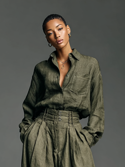Conjunto Palmira para Mujer en Algodón y Lino, Camisa y Pantalón Ancho