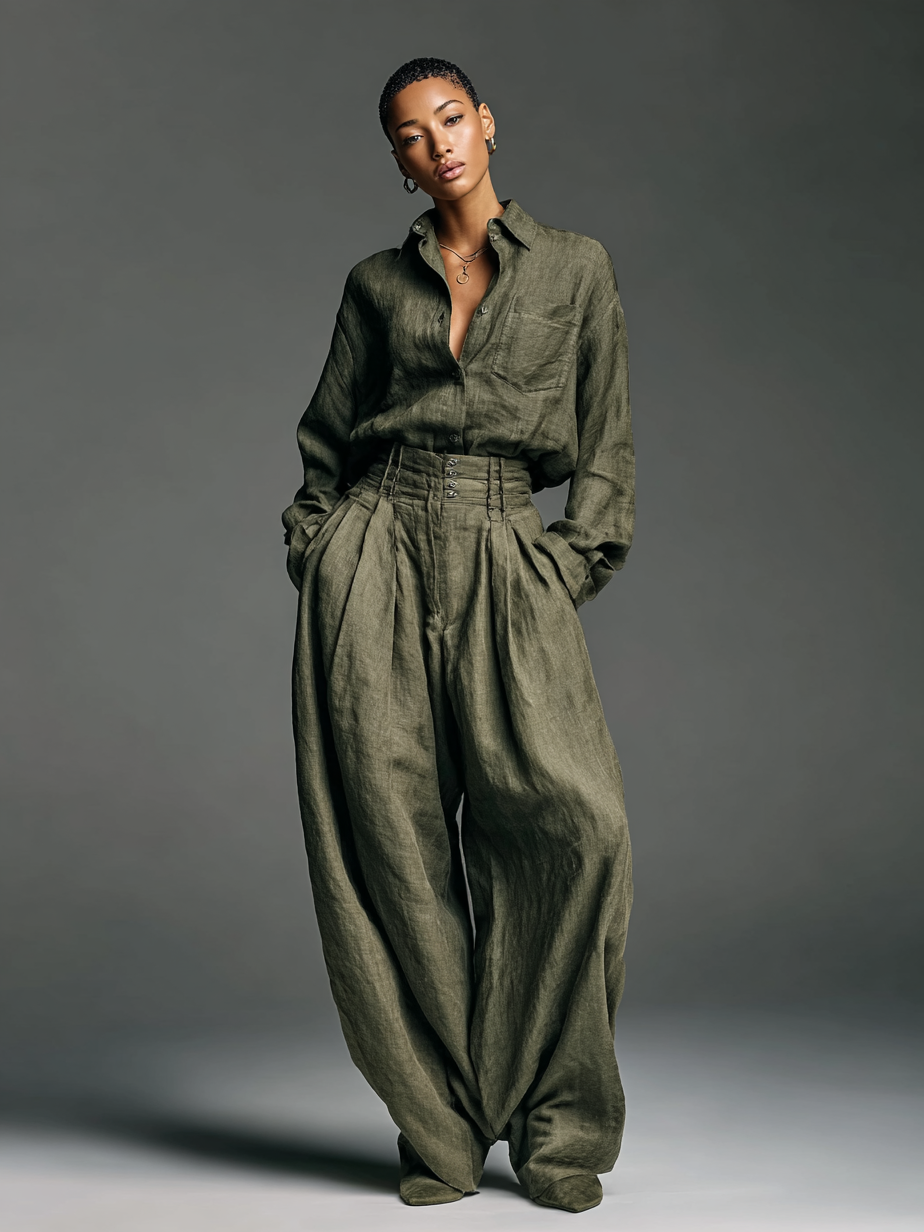 Conjunto Palmira para Mujer en Algodón y Lino, Camisa y Pantalón Ancho