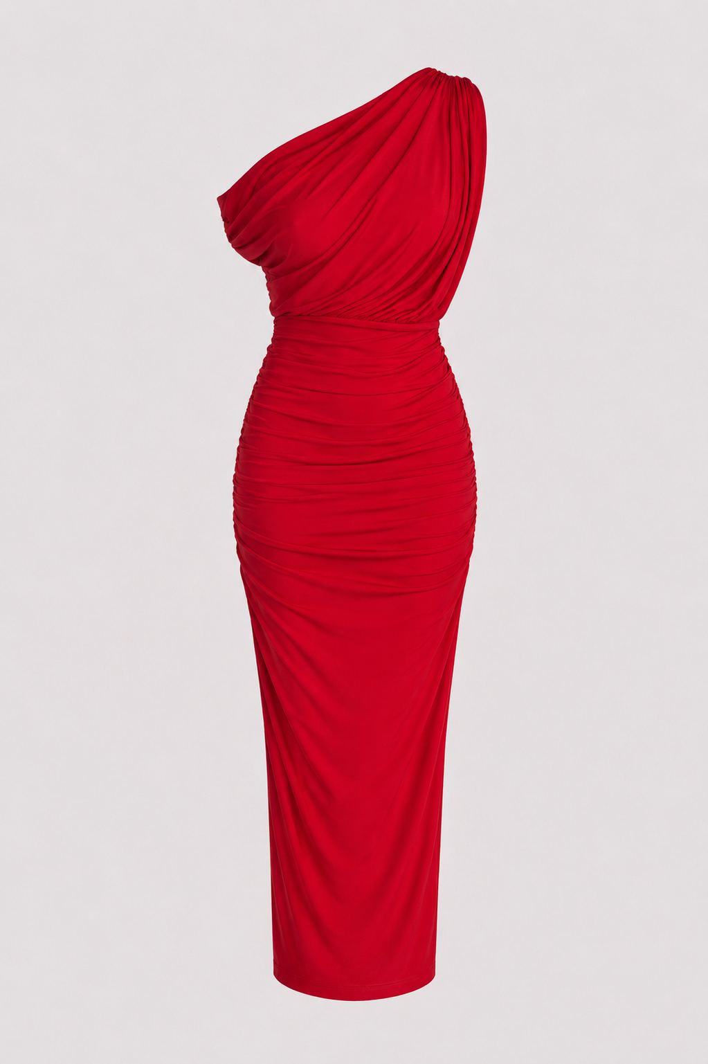 Ixchel™ Vestido Midi Rojo con Escote Drapeado y Hombros Descubiertos