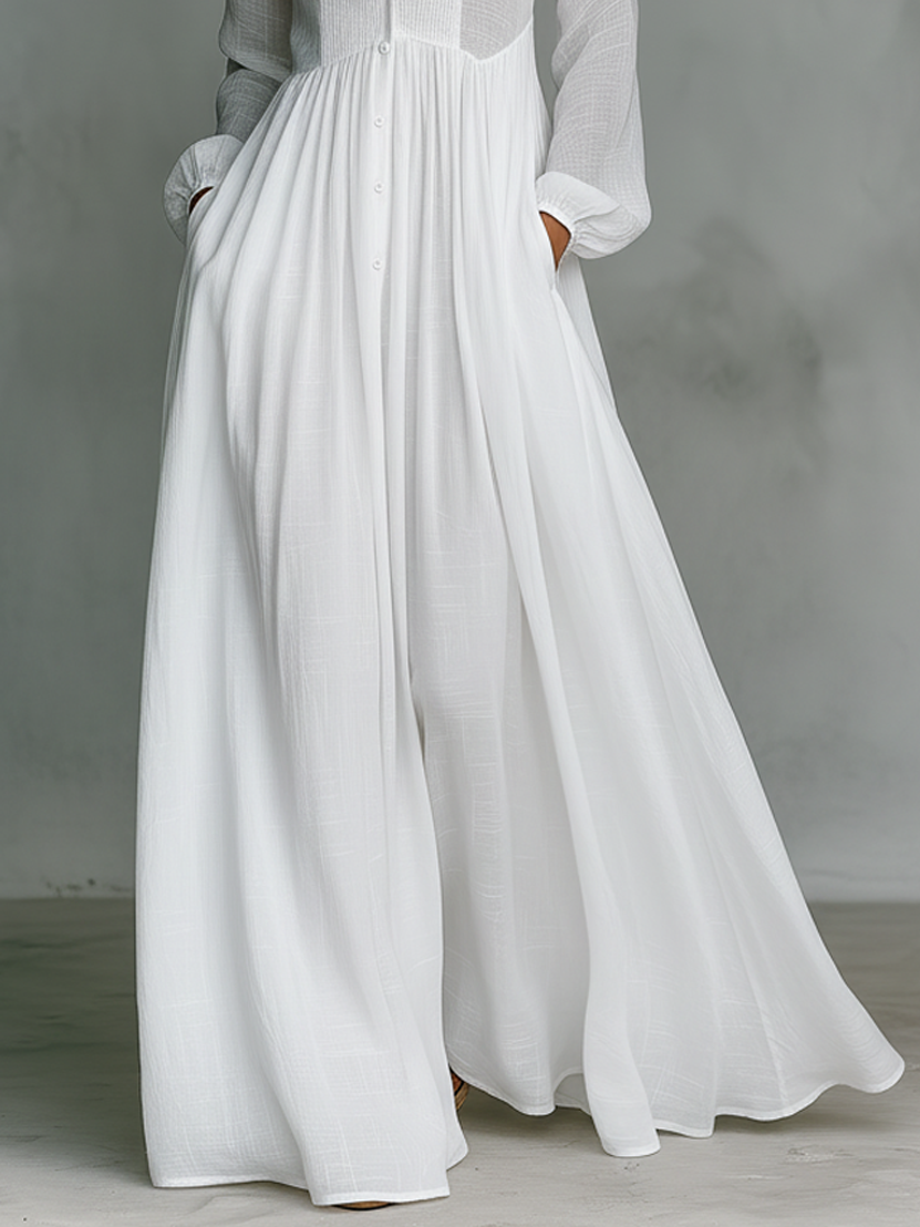 Purépecha™ Vestido Maxi en Algodón y Lino con Cuello Alto
