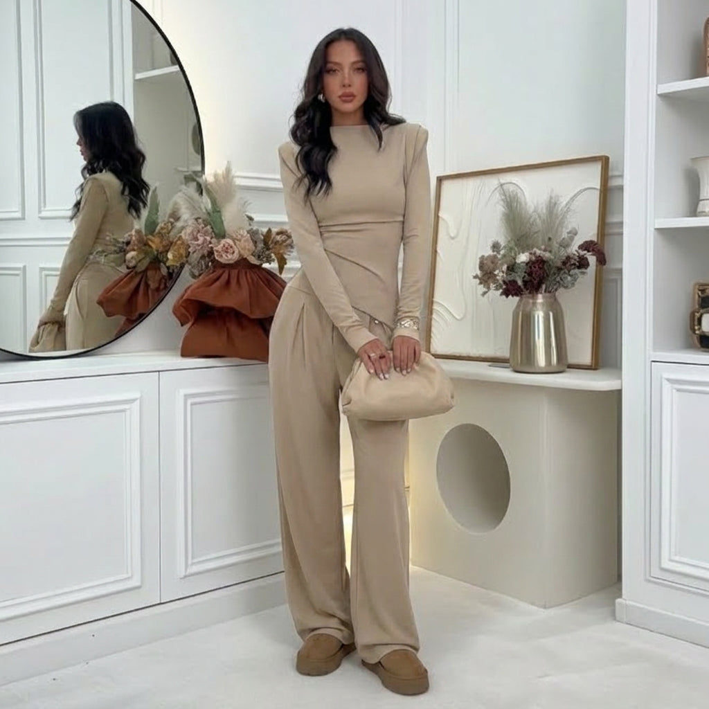 Encarna™ Conjunto de Pantalón de Pierna Ancha y Blusa, Estilo Chocolate