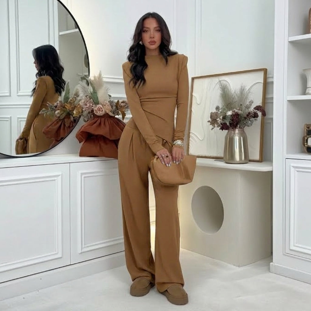 Encarna™ Conjunto de Pantalón de Pierna Ancha y Blusa, Estilo Chocolate