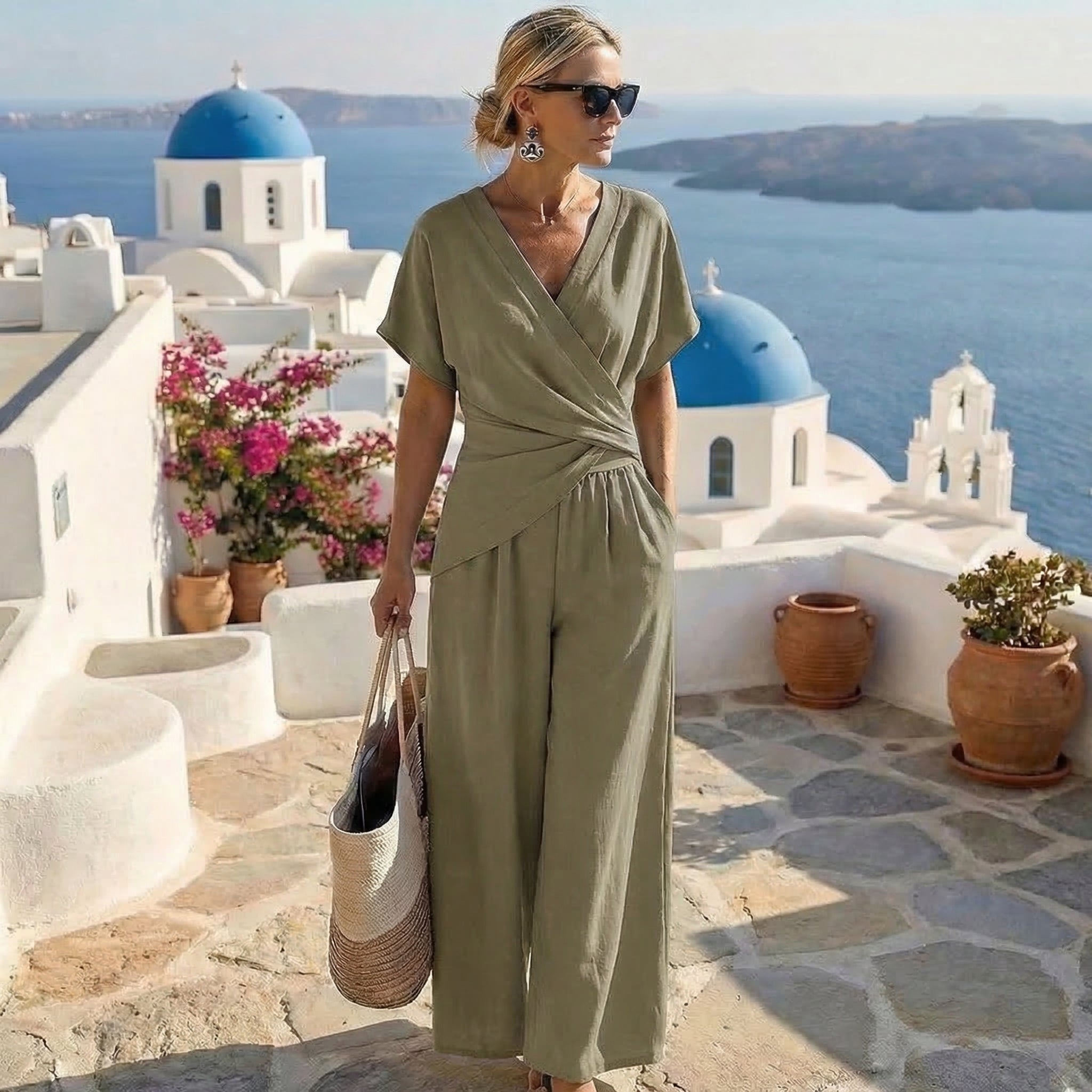 Conjunto Herminda Elegante de Dos Piezas con Top Cruzado